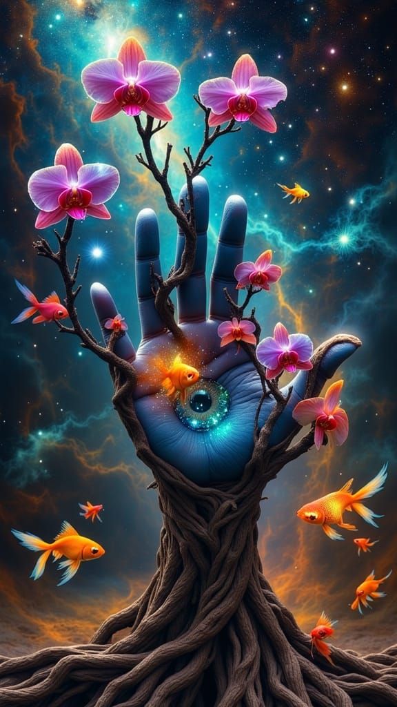 Surreal Tree Hand Blooms with Goldfish in a Cosmic Garden