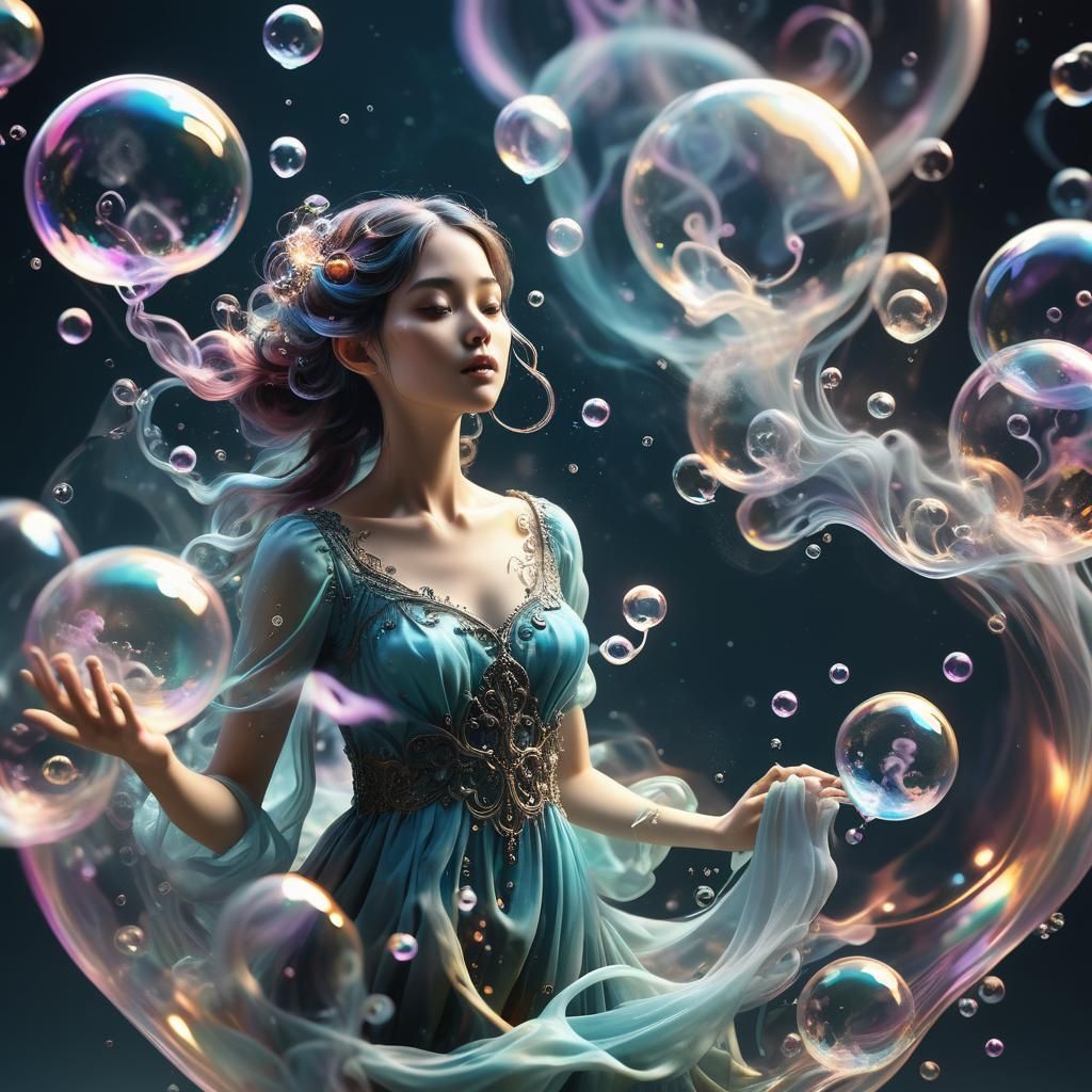 Ethereal Figure in Memory Bubbles: Fantasy Art