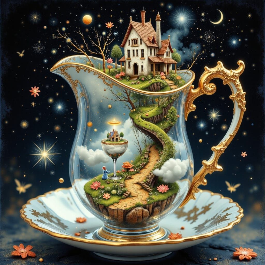Dreamlike Scene with Antique Jug, Tiny House, and Iridescent...