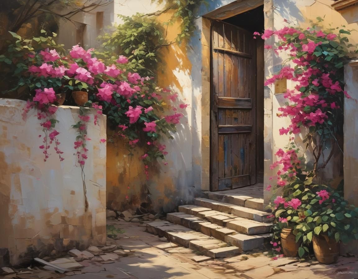 Bougainvillea Door in Neo-Impressionist Oil Painting