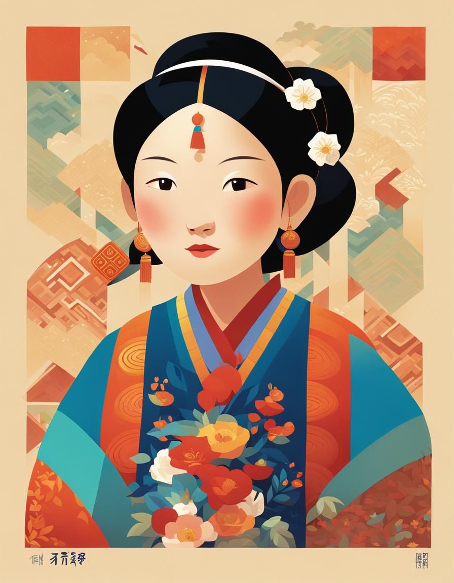 Woman in Traditional Dress, Cartoon Illustration
