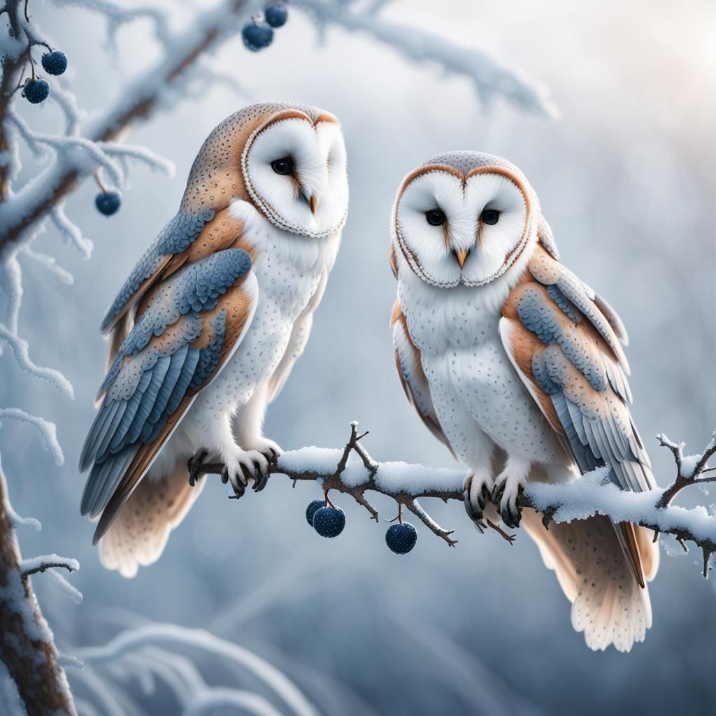 Snowy Owl Pair Perched Atop Berry Tree!