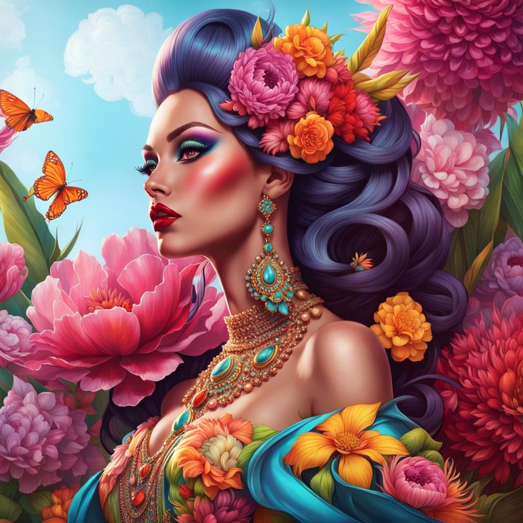 Exotic Flowers Adorn Drag Queen: 3D Art
