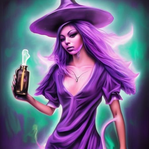 Beautiful Witch Girl with Purple Magic in Graffiti Art Style
