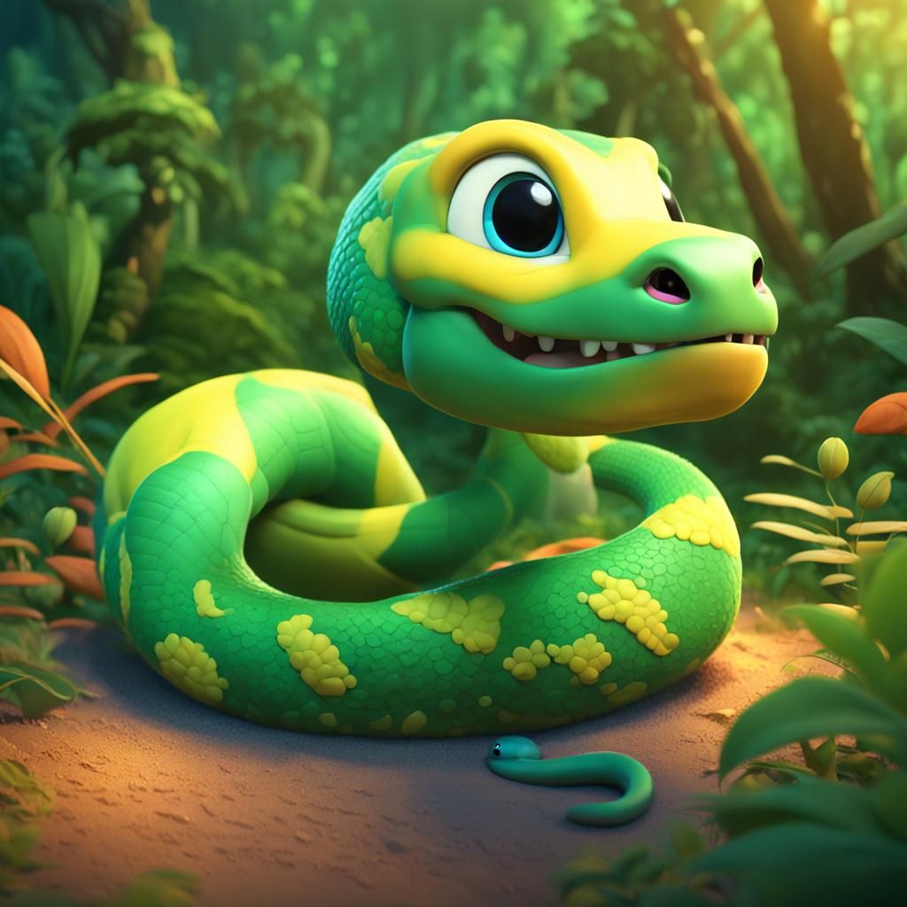 Adorable Baby Snake in Jungle, Pixar Style