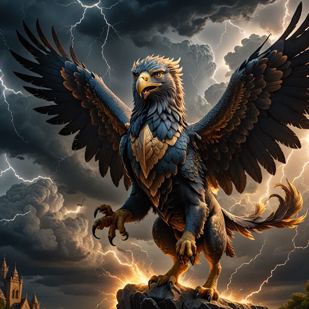 Majestic Griffin Soars Through Stormy Sky in Intricate Art