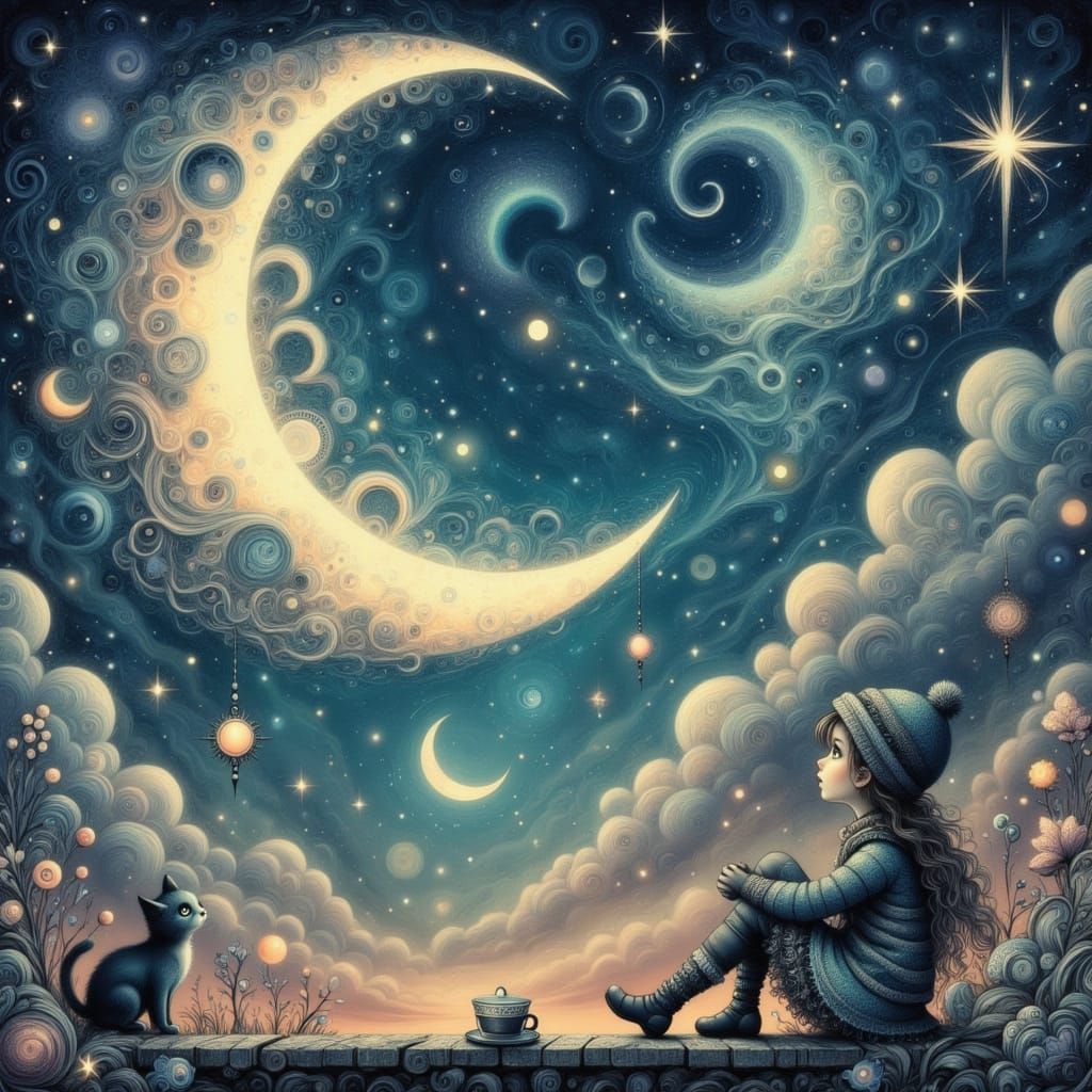 Child and Cat Gazing at Moon in Ethereal Landscape