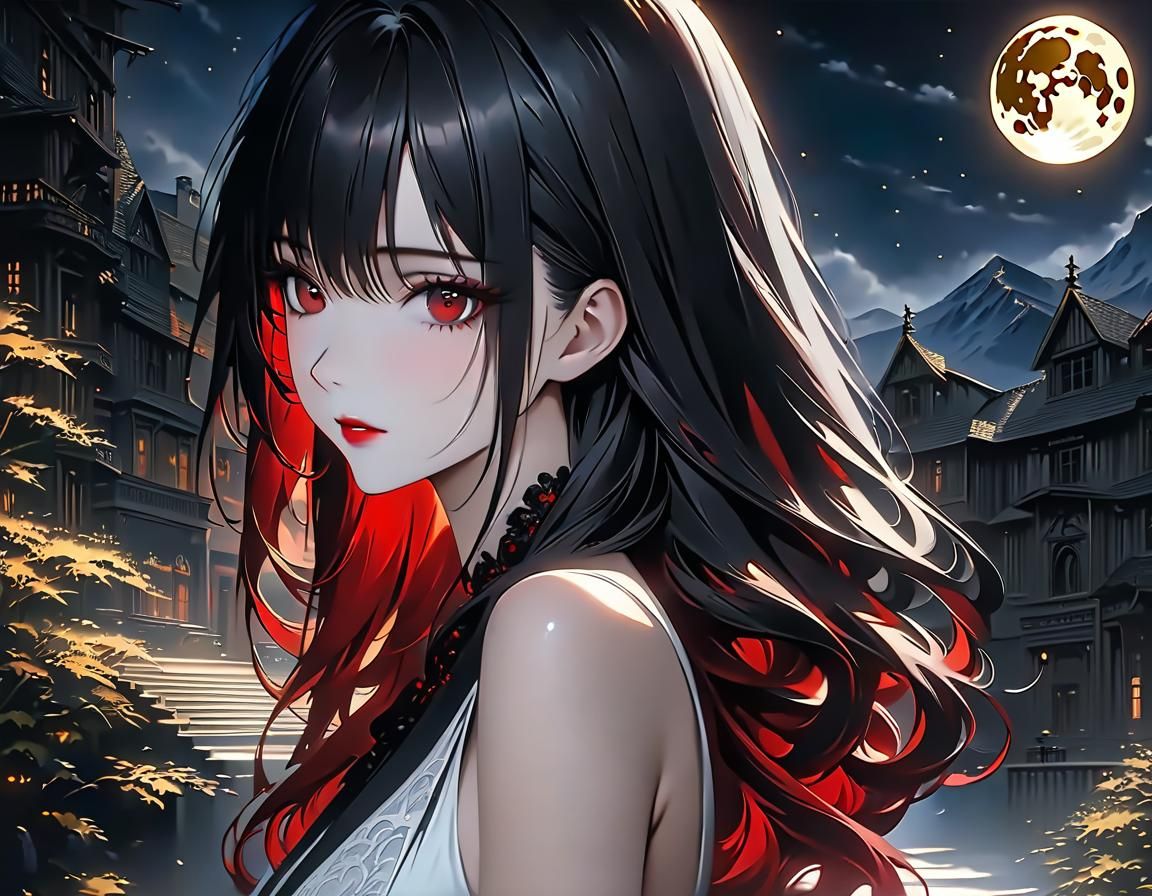 Anime Woman in Kimono Against the Moon