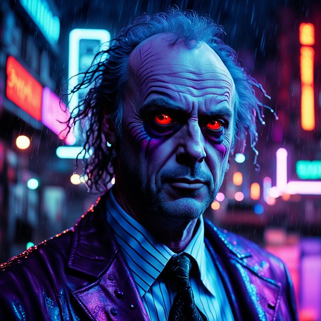 Beetlejuice in Cyberpunk Cityscape with Neon Lights