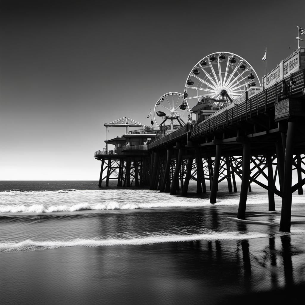 A monochrome view of Santa Monica Pier.