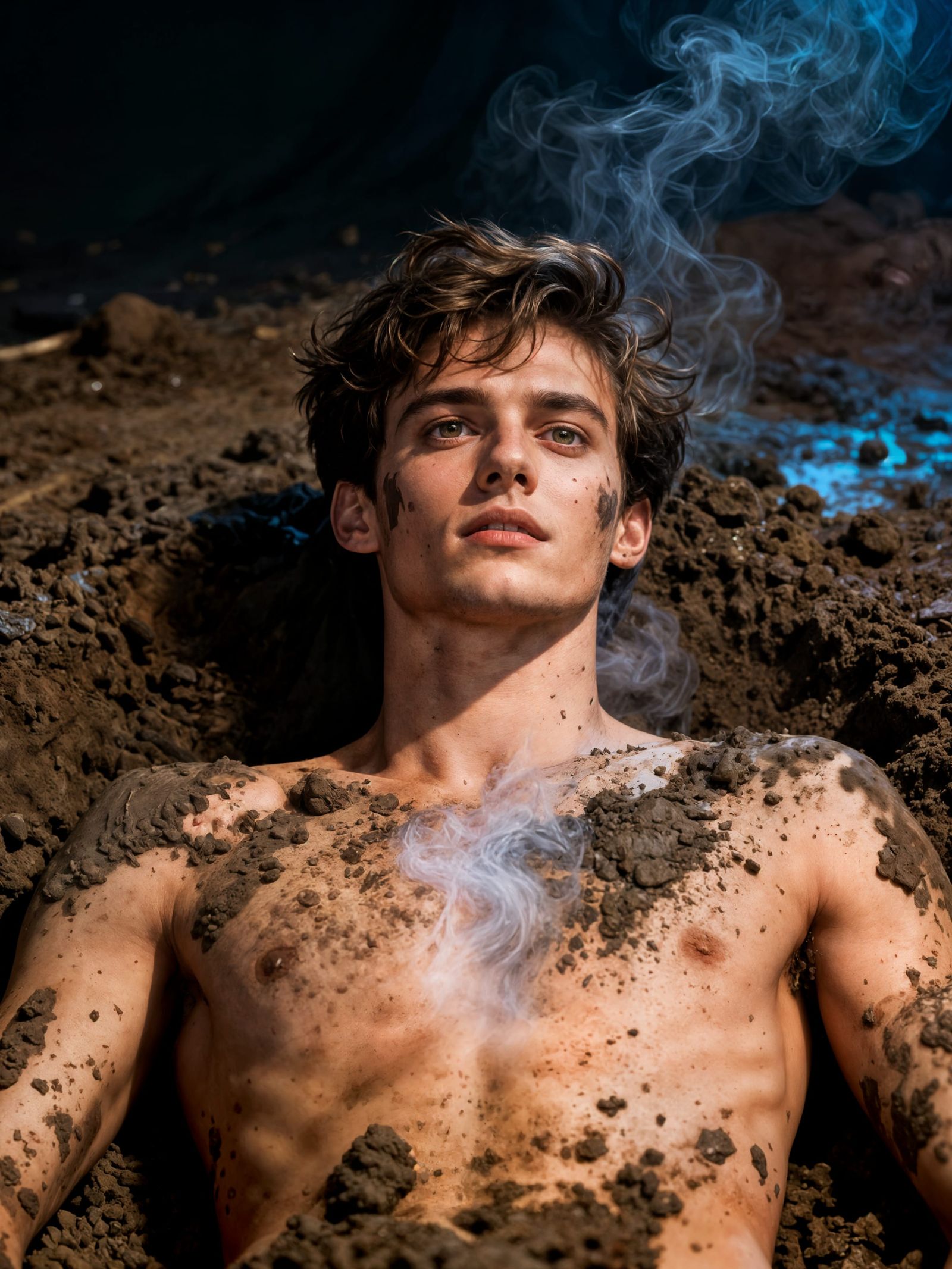 Man Lying in Dirt, Photographed in Dramatic Studio Style