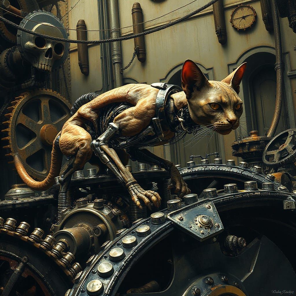 Biomechanical Cat Prowls Gothic Garden: Dark Futurism