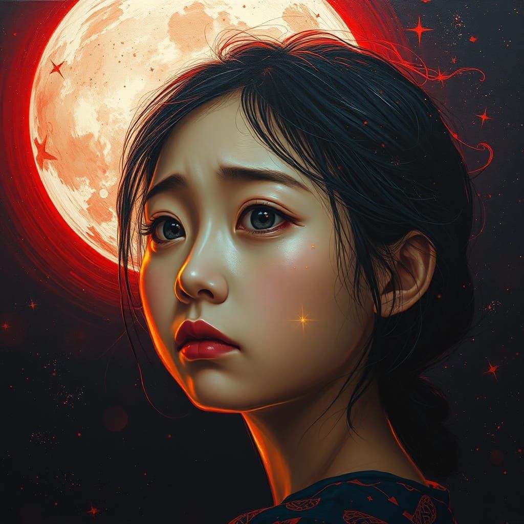 Sad Asian Woman Portrait with Cosmic Moon