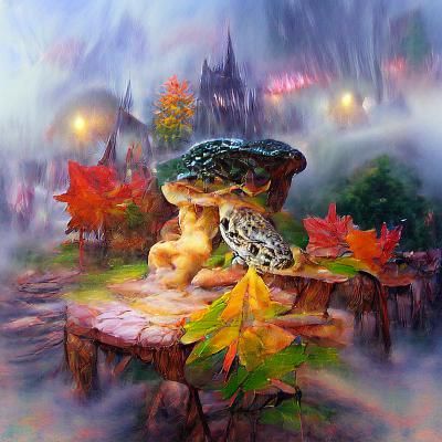 Frog on Mushroom in Misty Autumn Forest