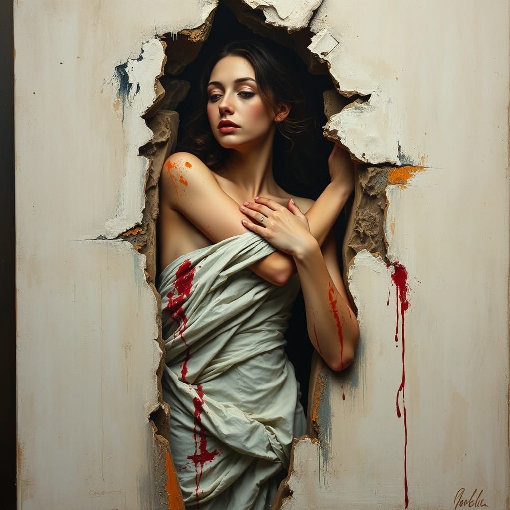 Painter Embraces Woman Emerging from Canvas in Classical Sty...