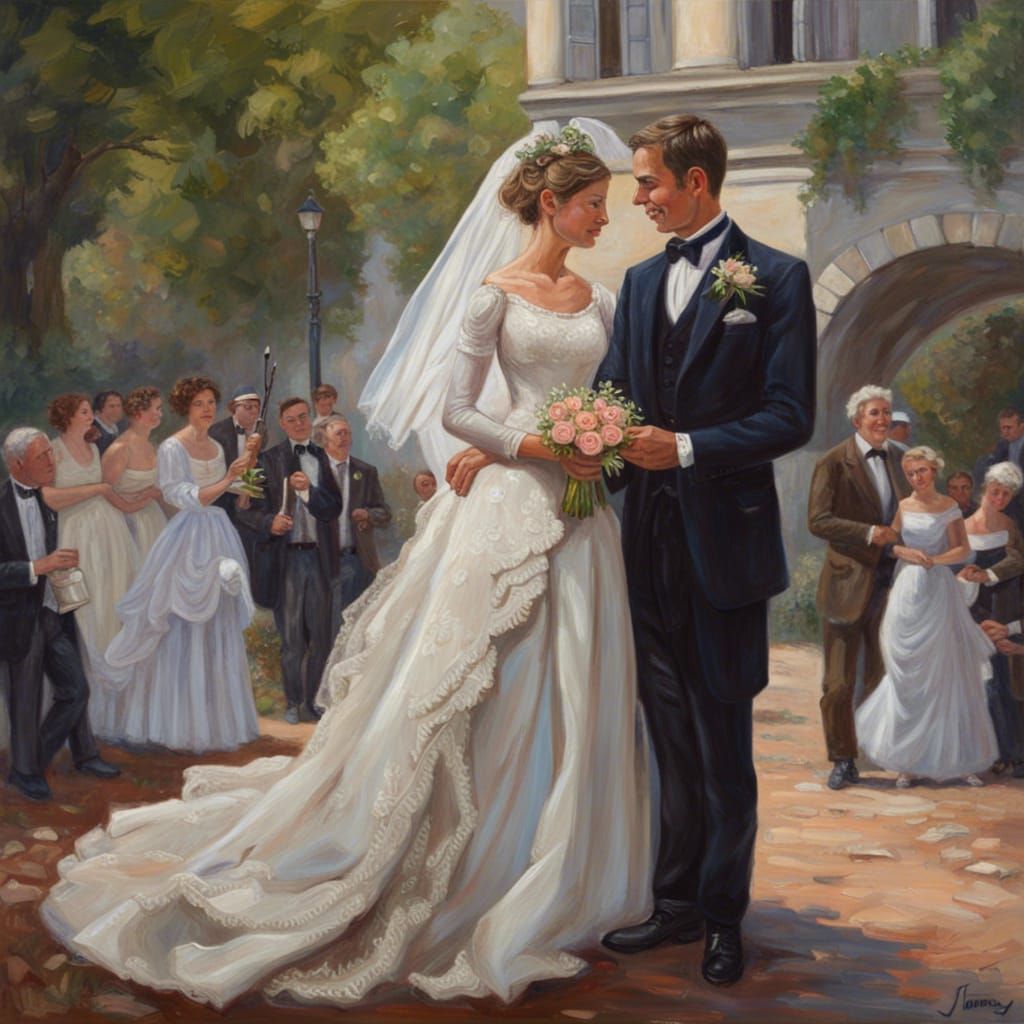 French Wedding Couple in Oil Painting Style