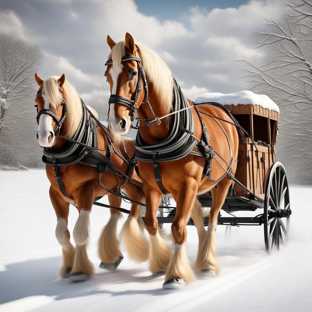 Belgian Draft Horse Pulling Wagon in Snow