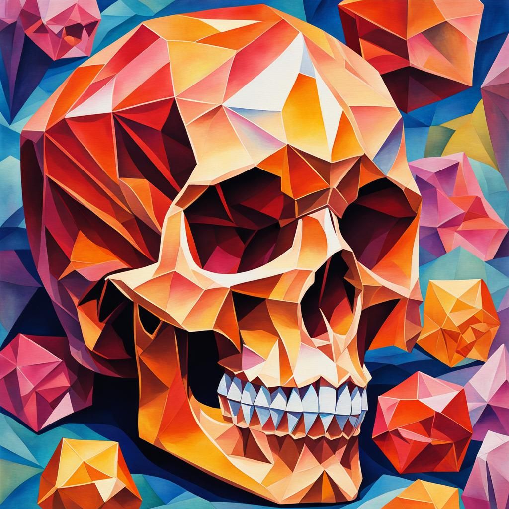 Crystallized Origami Skull in Gouache Style