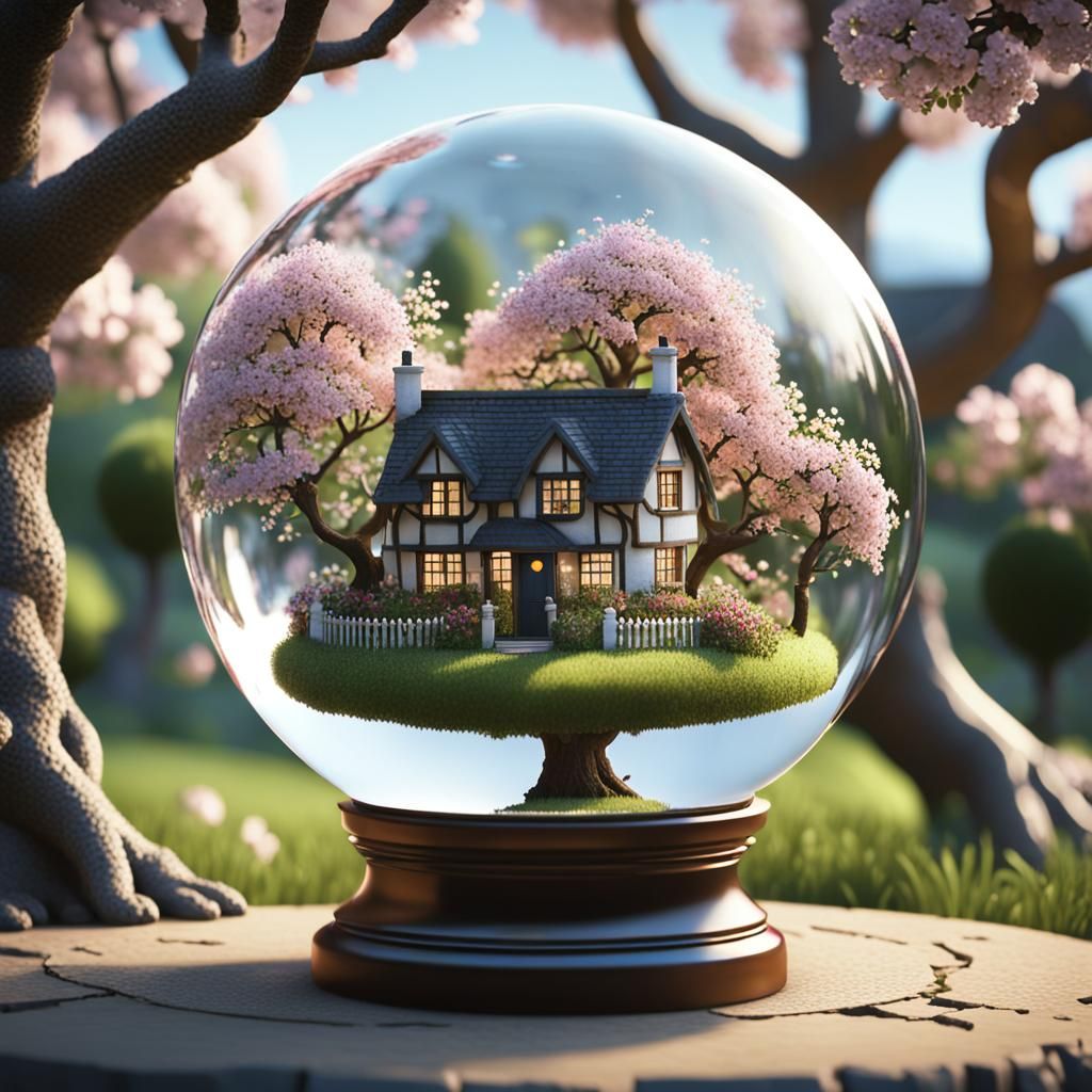 English Cottage Garden Inside Crystal Ball, Digital Painting