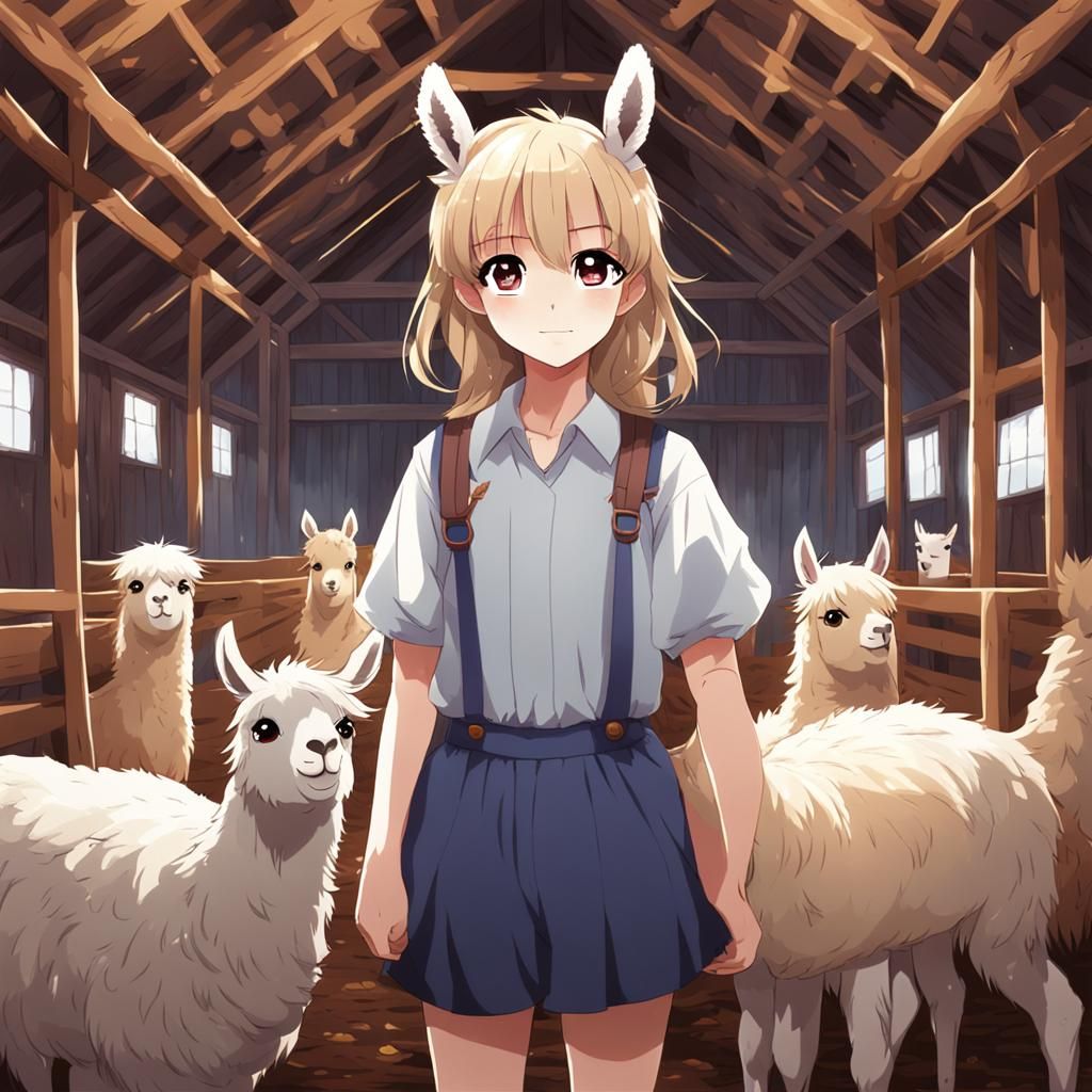 Anime Llama Girl in Barn, Manga Style