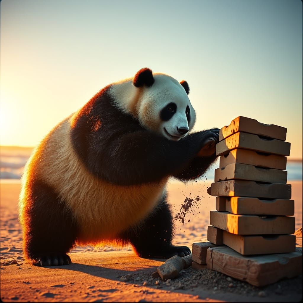 Regal Panda Bear in Sunset Beach Scene