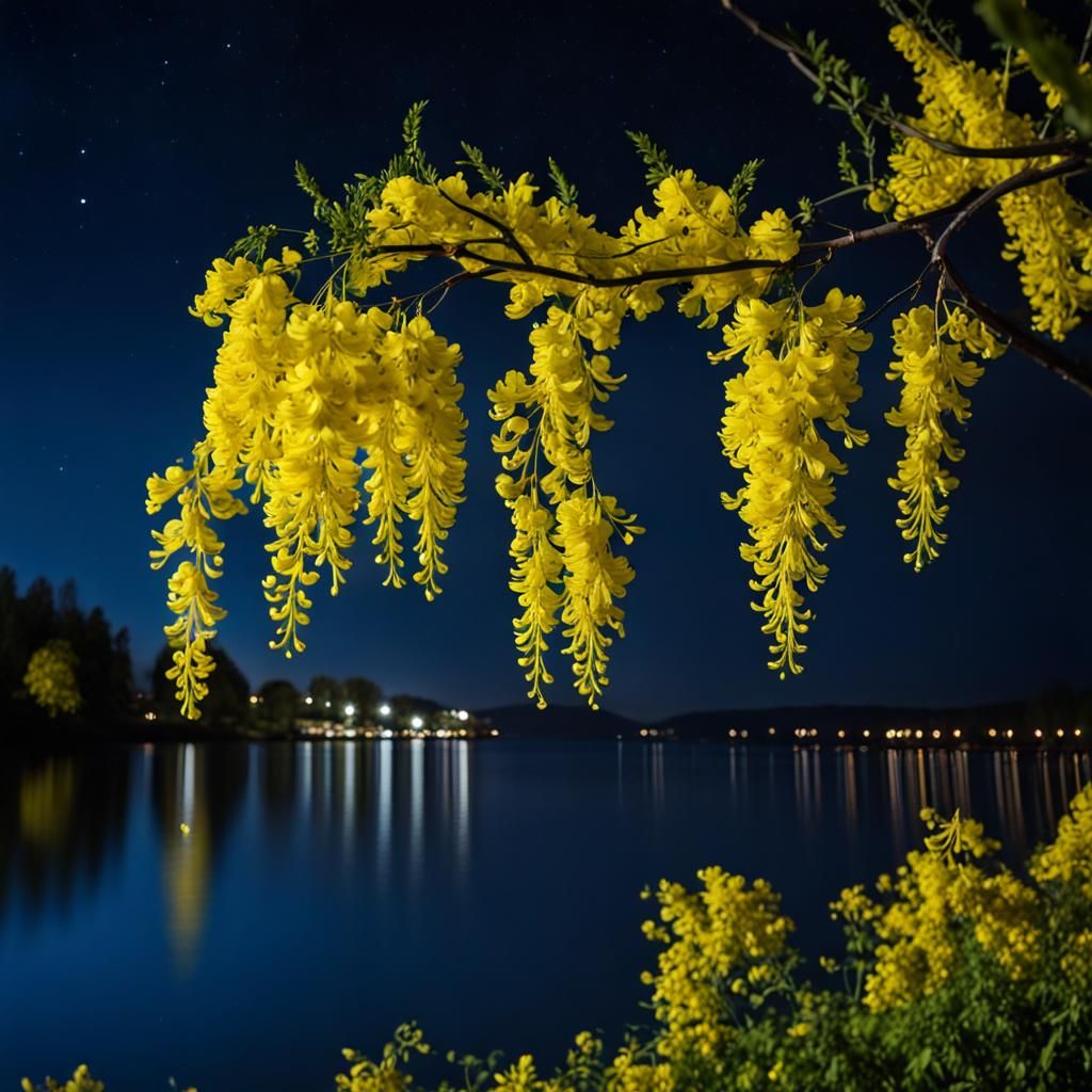 Laburnum Tree with Golden Flowers at Night