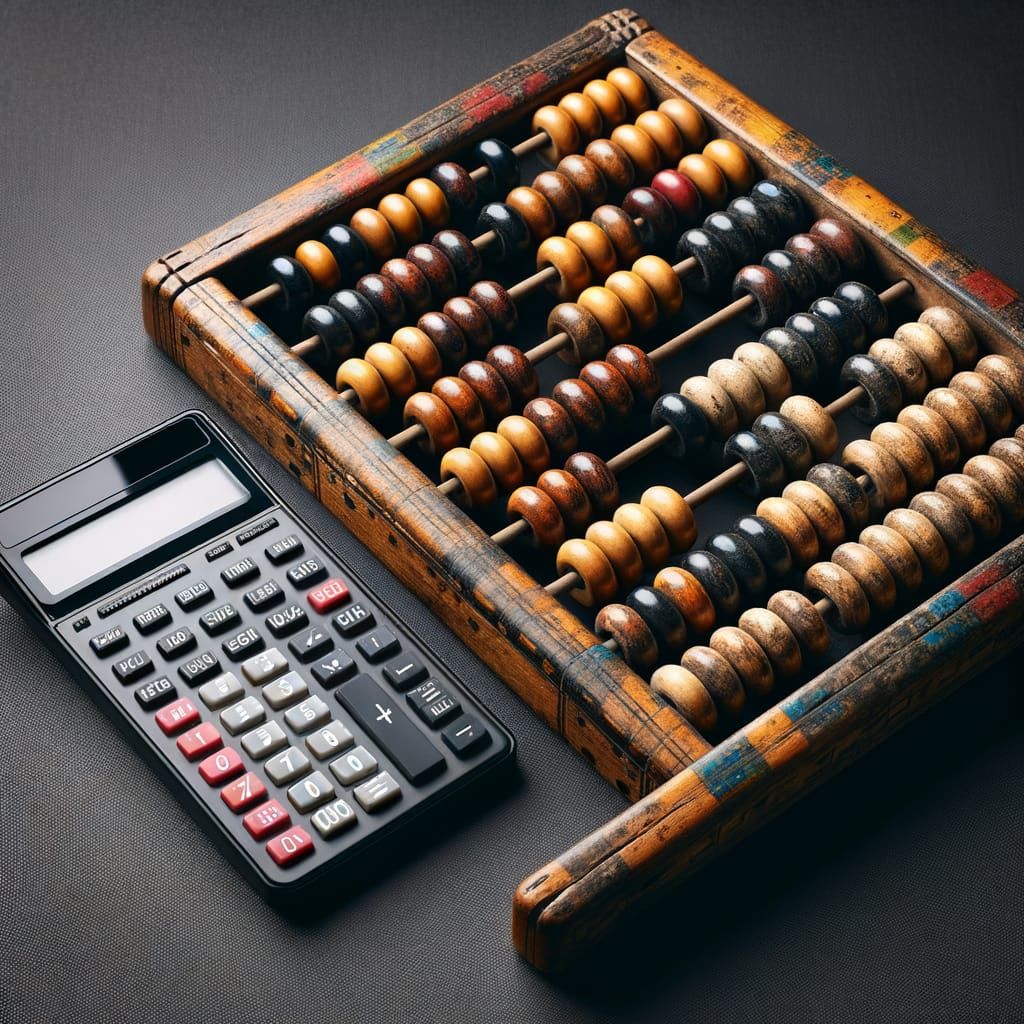 Antique Abacus Beside Modern Calculator