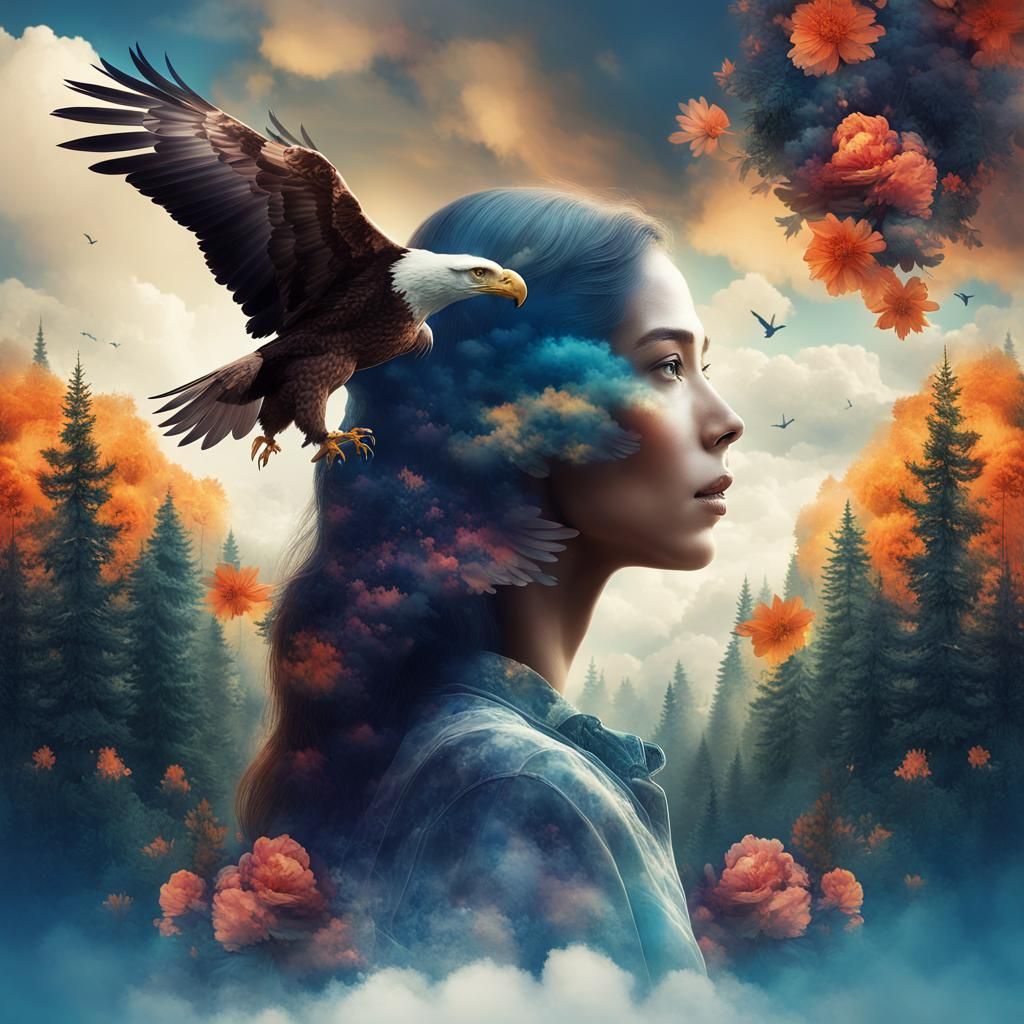 Woman and Eagle Double Exposure: Fantasy Art