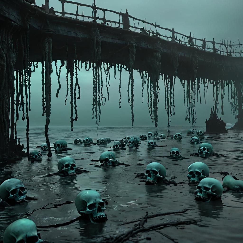 Nightmarish Sea with Skeletal Forms in Surreal Style