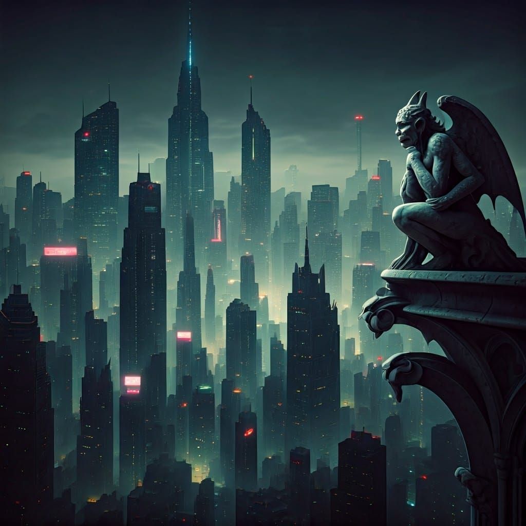 Gothic Gargoyle Overlooks Dystopian Metropolis