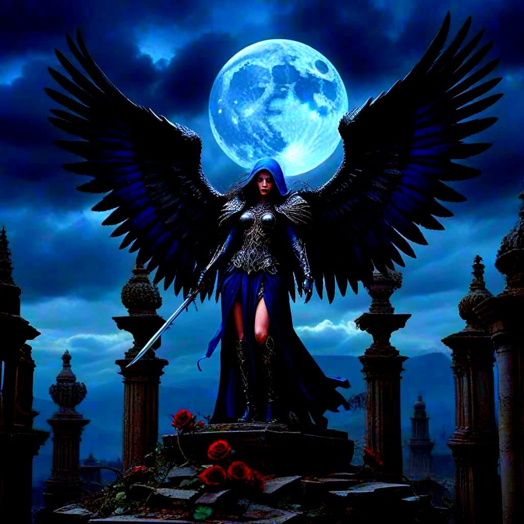 Angel of Death with Rose in Dramatic Neo-Impressionist Style