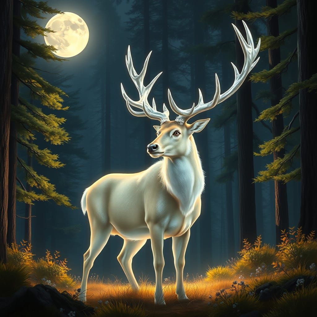 Crystal Stag in Moonlit Forest: Hyperrealistic Digital Paint...