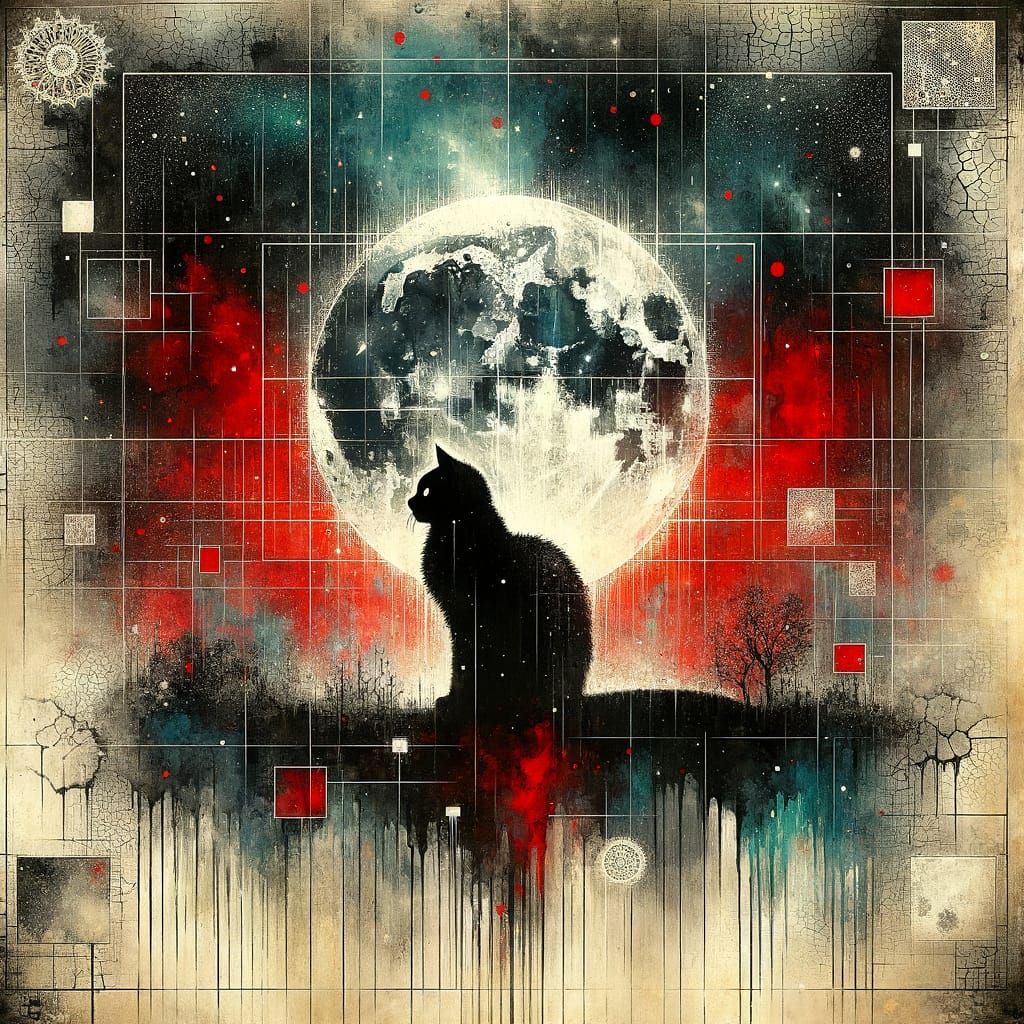 Black Cat Silhouette under Red Moon in Liminal Space