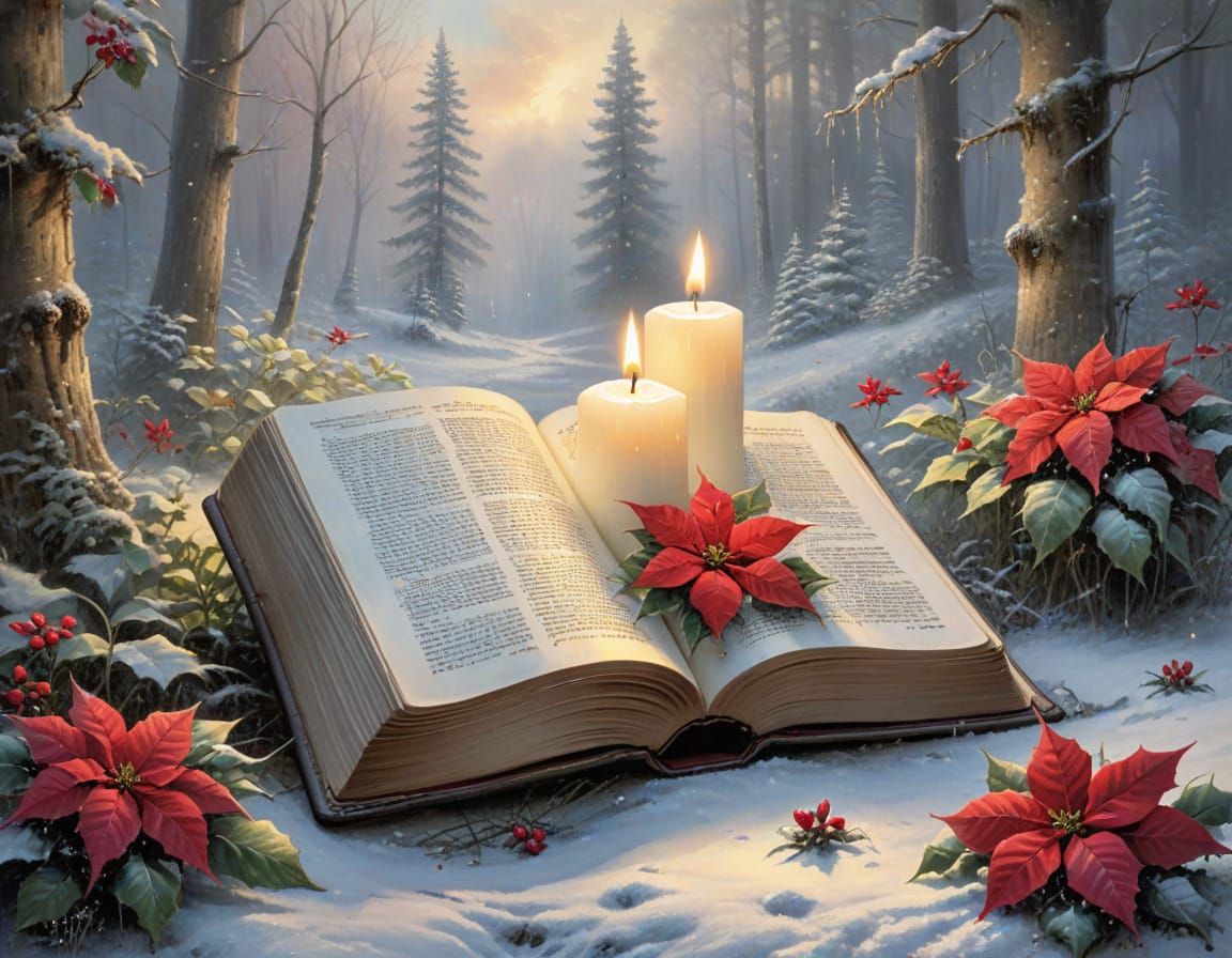 Candles and Bible in Snowy Forest Clearing