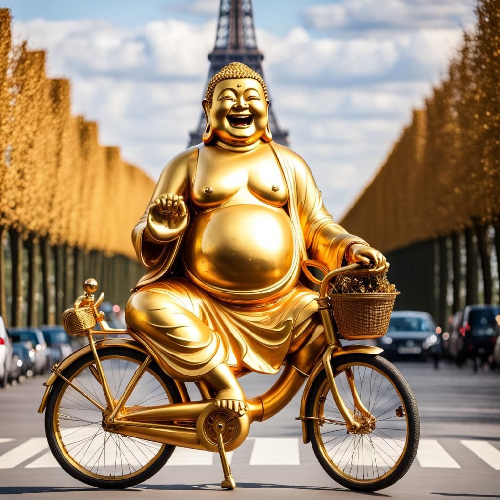 Golden Buddha Rides Bicycle Past Golden Eiffel Tower