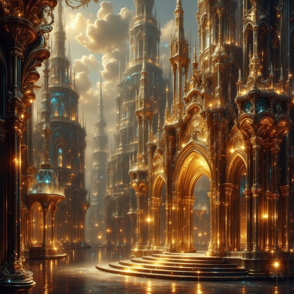 Ancient Stained Glass Cathedral with Gem Spires