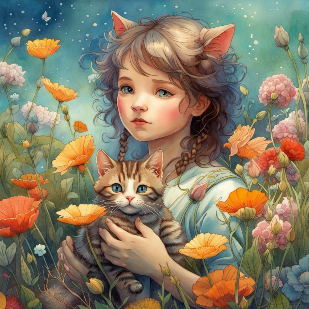 Girl and Cat in Flower Meadow Watercolor