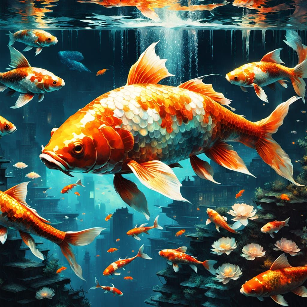 Vibrant Koi Fish in a Surreal Underwater Metropolis