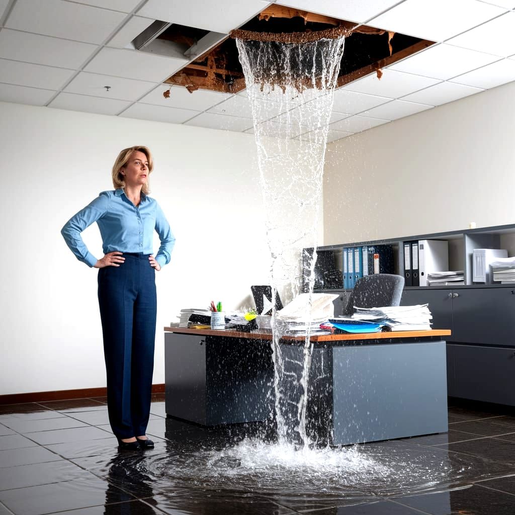 Annoyed Woman Surveys Flooded Office Disaster