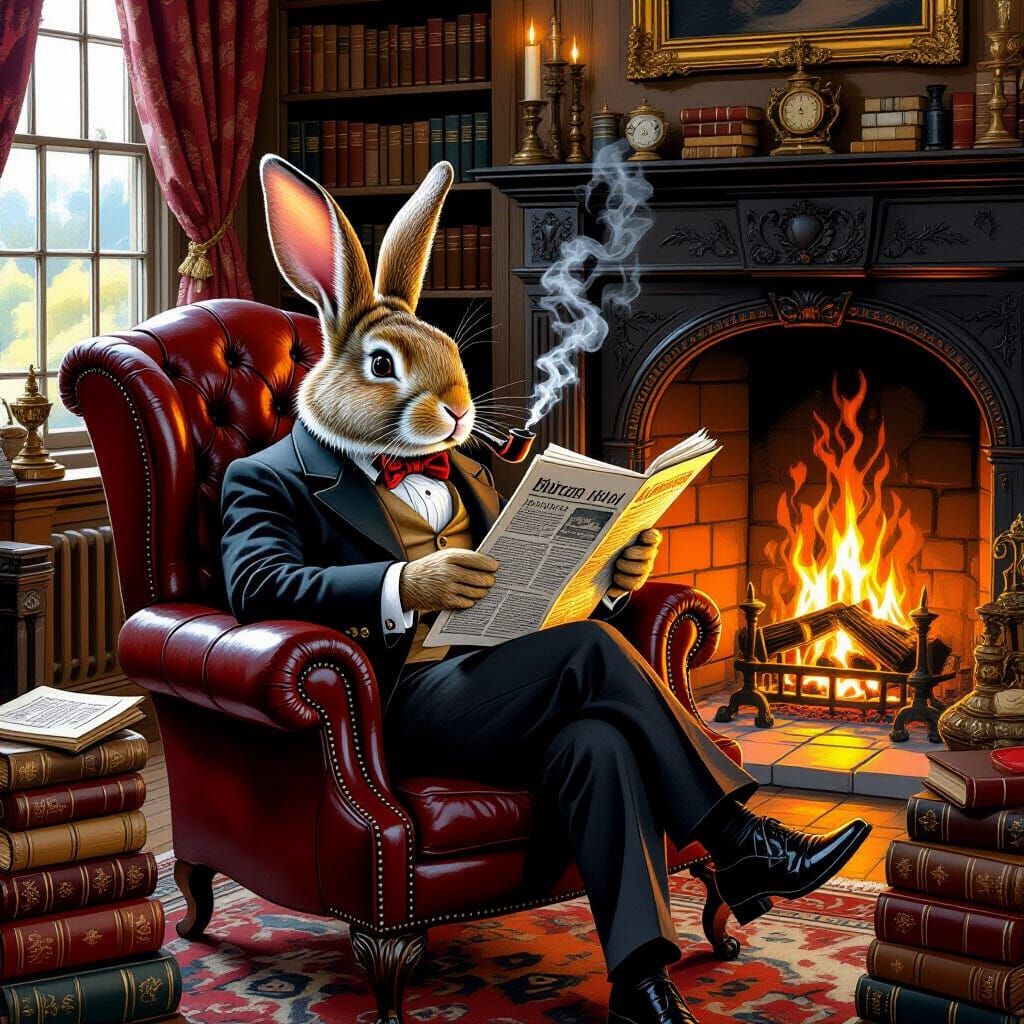 Rabbit Gentleman Reading by Firelight, Illustrated Style