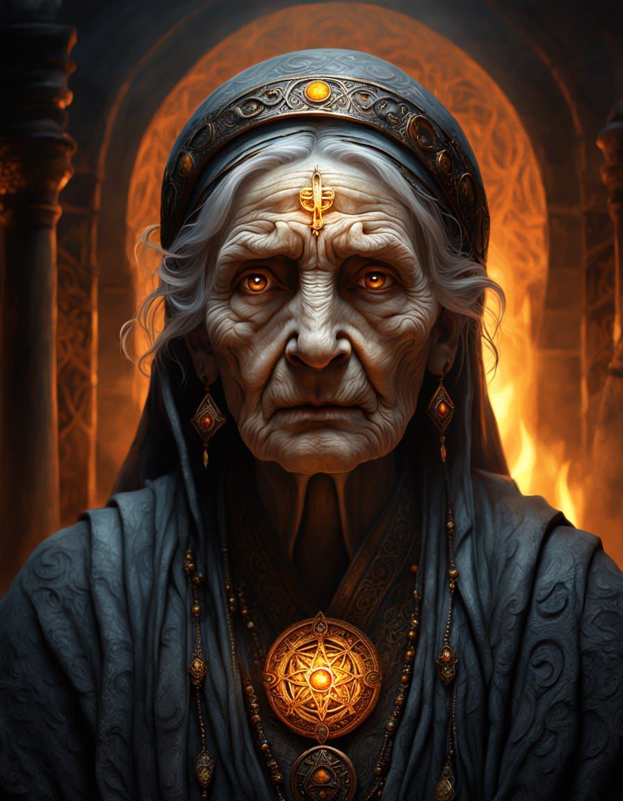 Mystic Priestess Gazes Soulfully in Ethereal Oil Painting