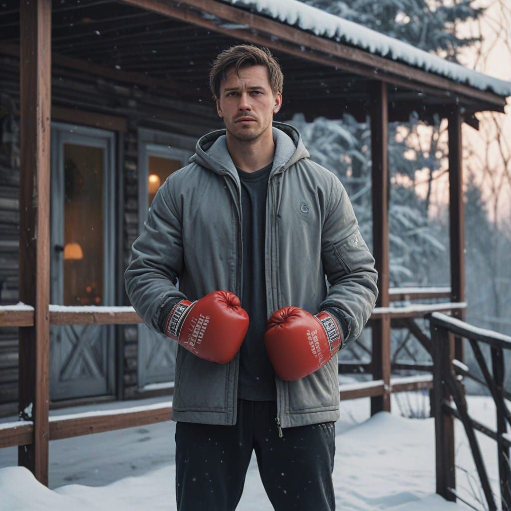Rugged Boxer Stands Resolute on Snowy Porch at Dawn in Cyber...