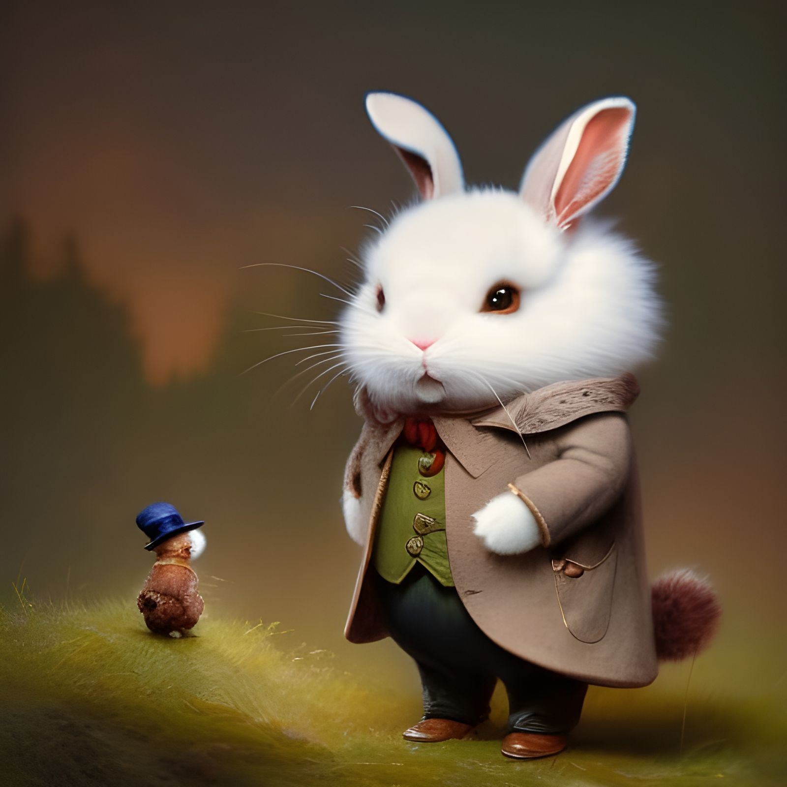 Anthropomorphic Bunny in Hat, Detailed Matte Drawing