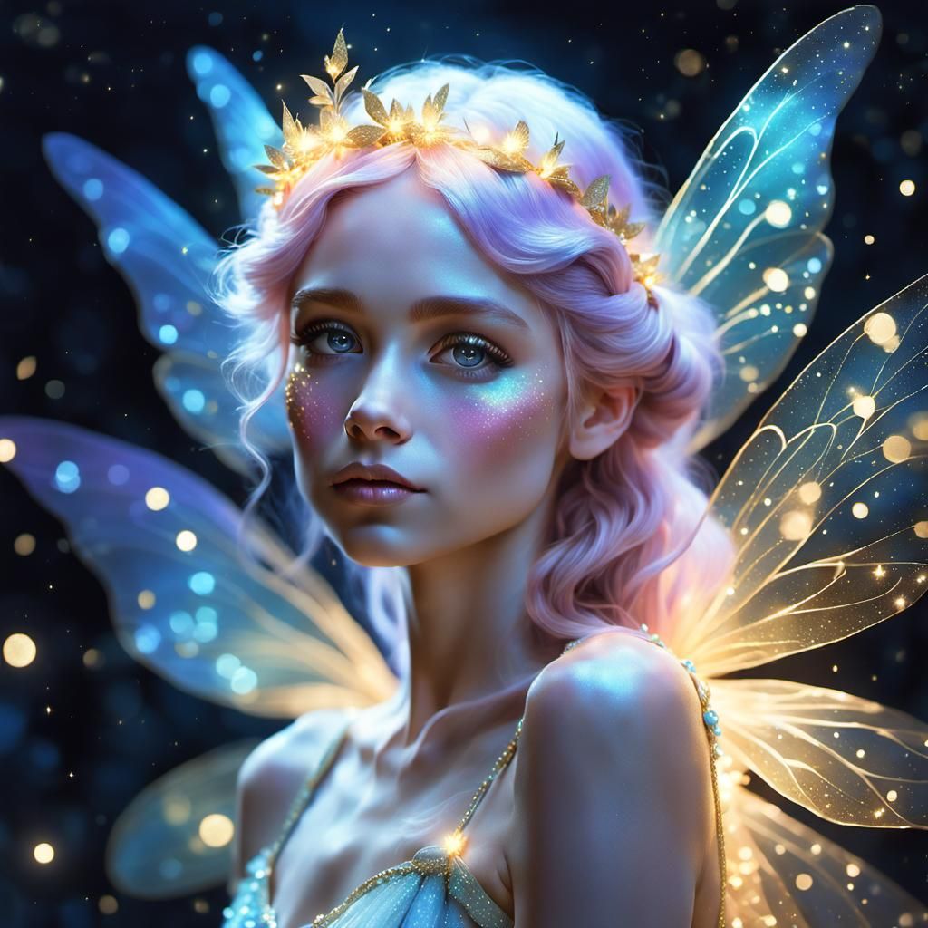 Ethereal Pastel Fairy Portrait with Golden Sparkles