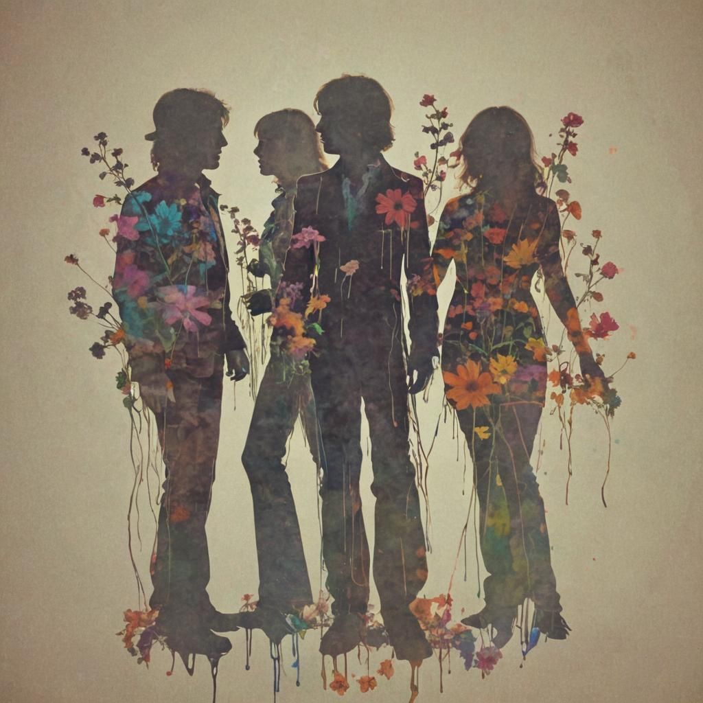 Cosmic 70's Band Silhouette with Flowers