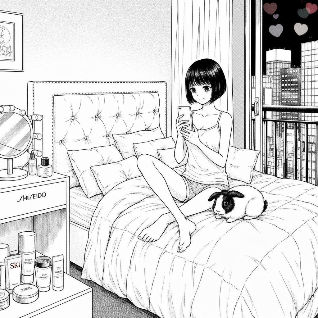 Thailandese Woman in Bed, Manga Drawing in Pen and Ink