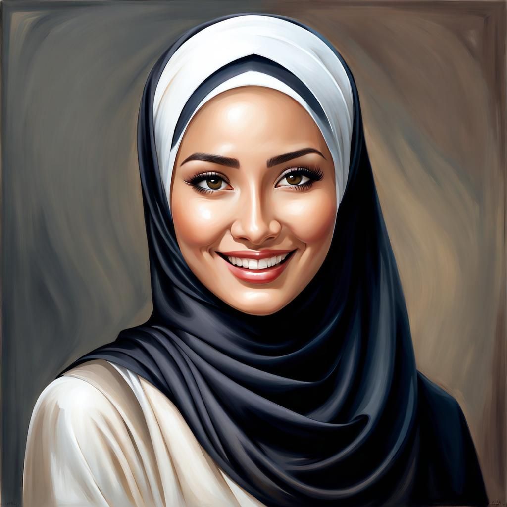 Elegant Smiling Indonesian Woman in Hijab Oil Painting