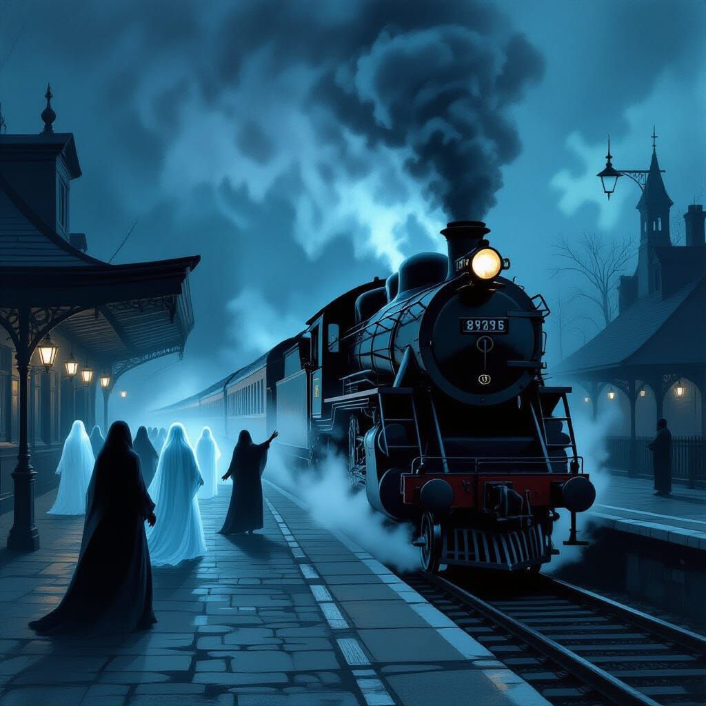 Ghostly Train Arrives at Spectral Depot in Gothic Style