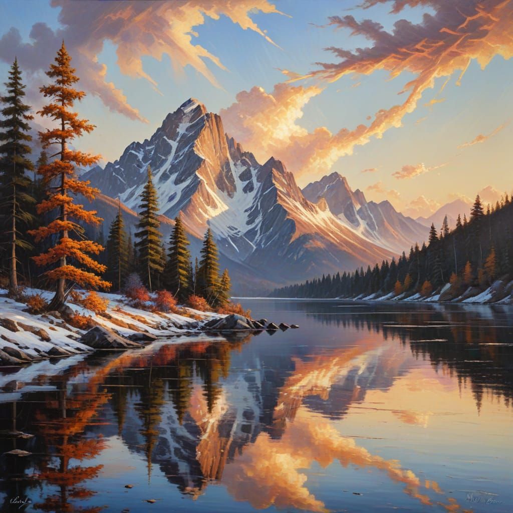 Majestic Mountain Dawn Over Alpine Lake in Impasto Oil Style
