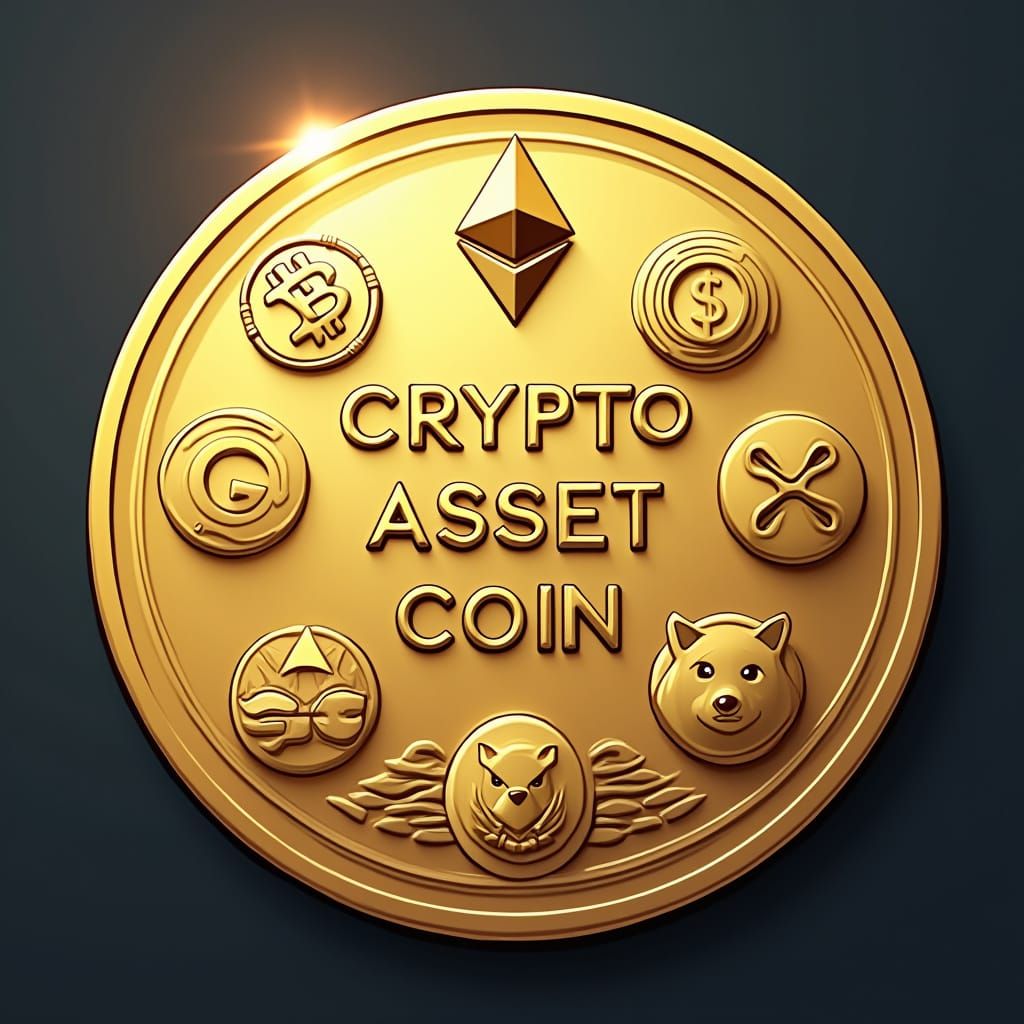Futuristic Gold Coin with Cryptocurrency Logos in Modern Art...